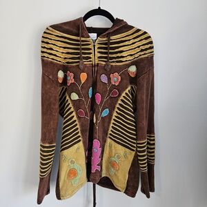 Nepal Patchwork Full Zip Hoodie Hippie Boho Artsy Applique Flowers Birds, XXL